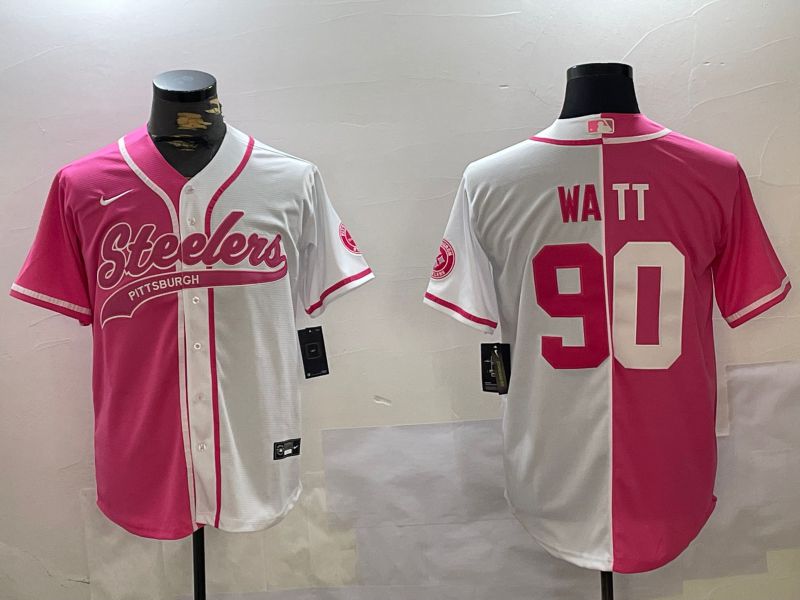Men Pittsburgh Steelers 90 Watt white pink Joint Name 2024 Nike Limited NFL Jersey style 1